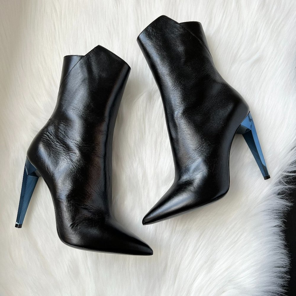 Saint Laurent Paris Women's Black Freja 105 Bootie Blue/Silver Heel Size 38.5